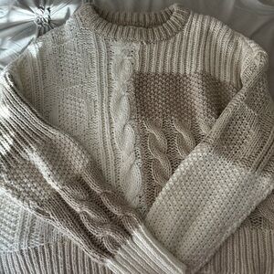 Aerie Patchwork Cable Knit Sweater - Cream and Tan